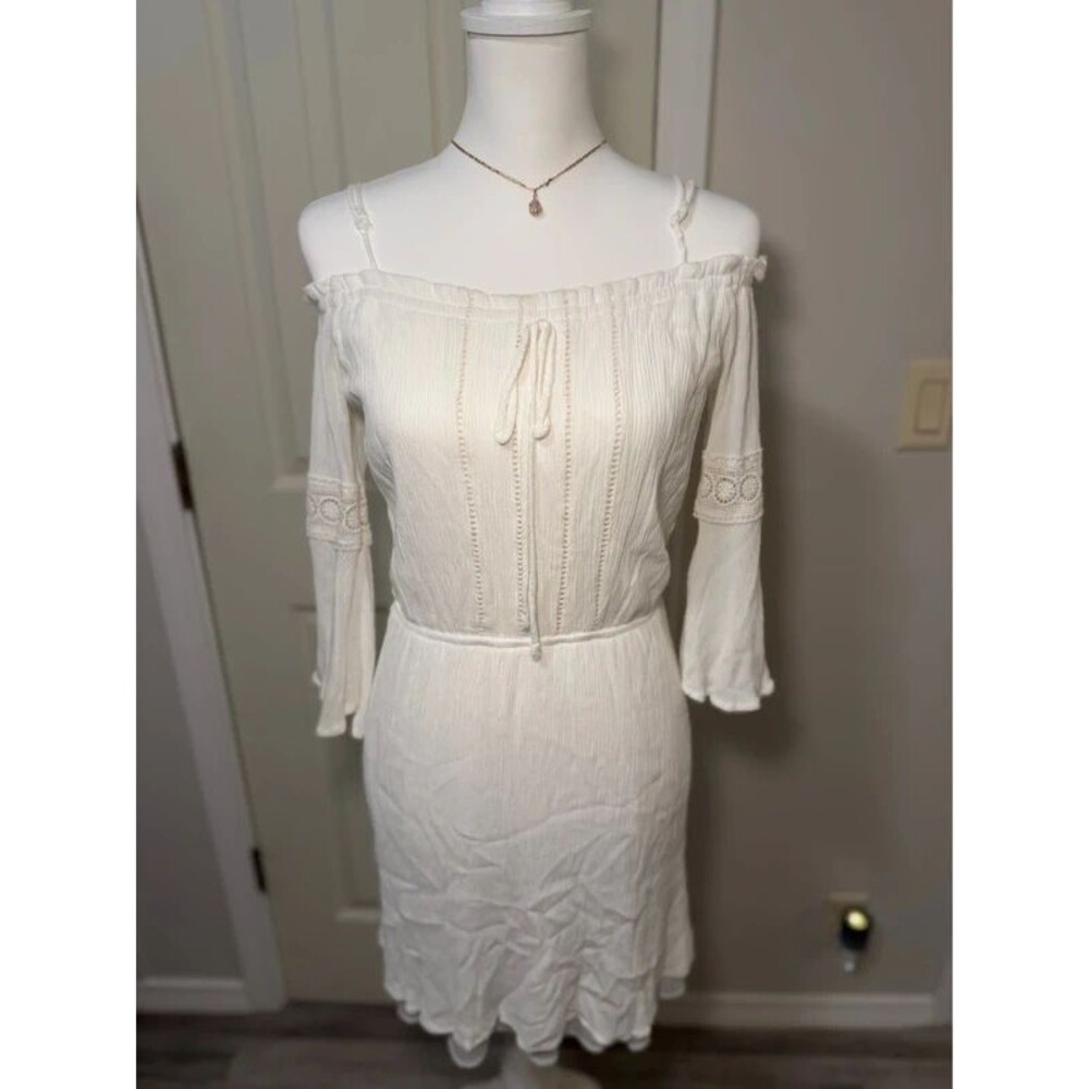 Naif Medium White Off Shoulder Homecoming Dress Lace Trim Flowy Bell Sleeve Mini
